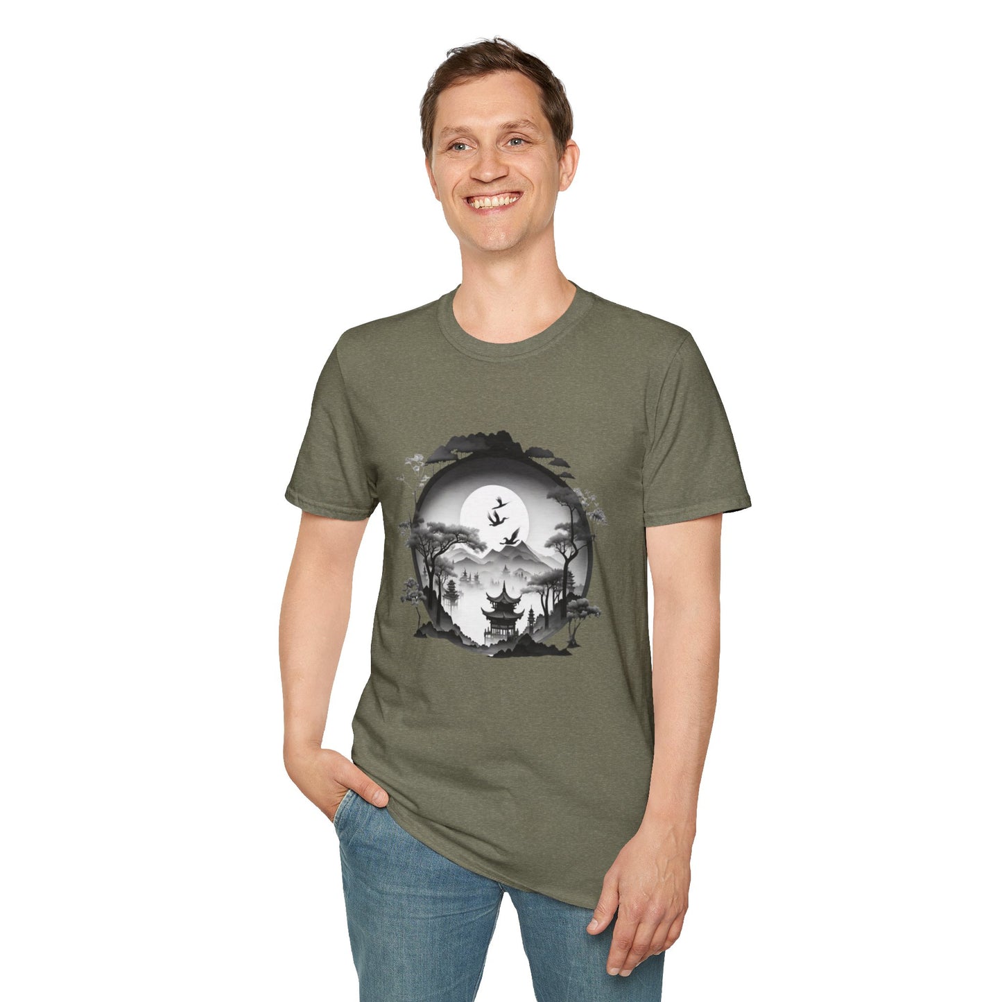 Zen-Inspired Unisex Softstyle T-Shirt with Scenic Landscape Design