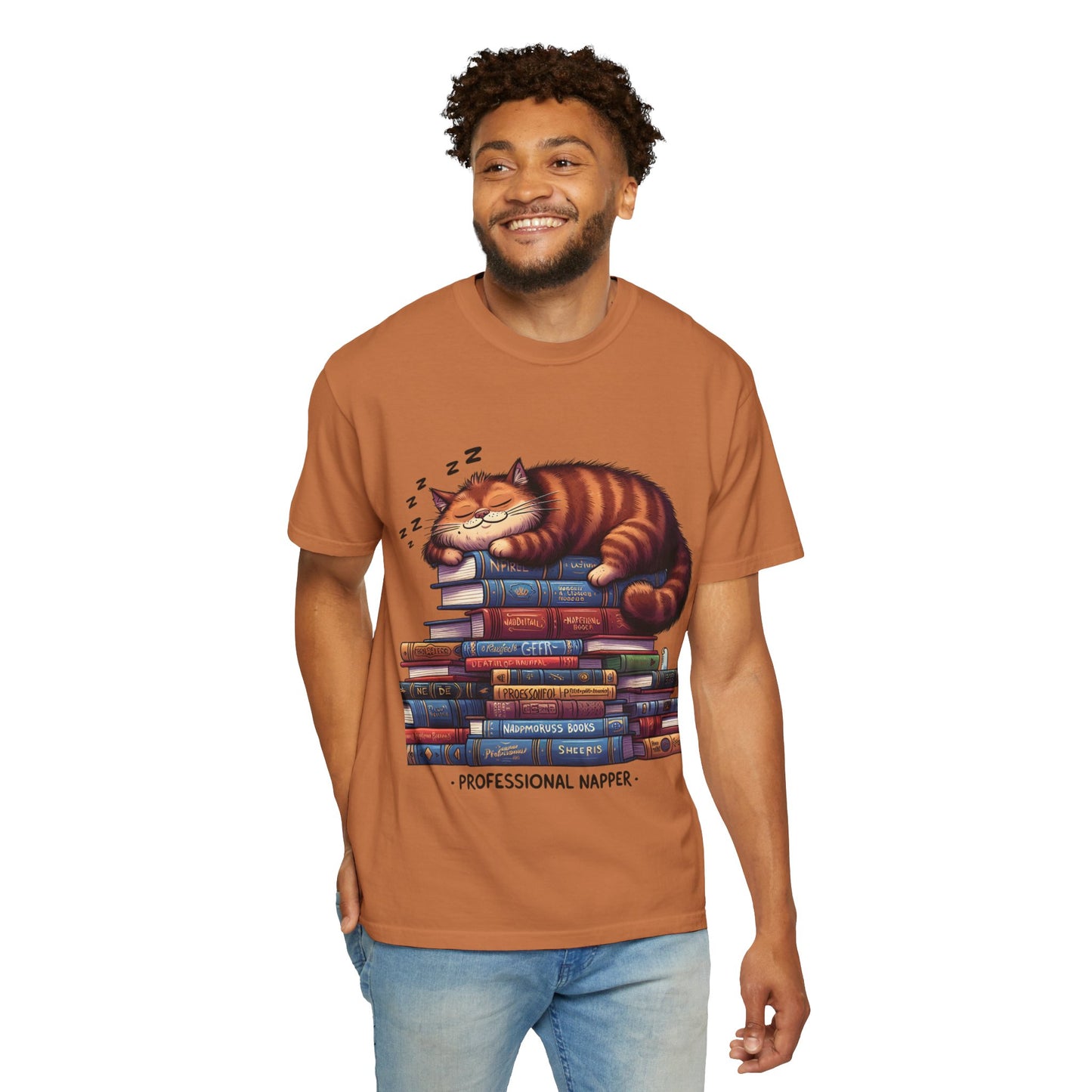 Professional Napper Cat T-Shirt | Unisex Garment-Dyed Tee for Book Lovers